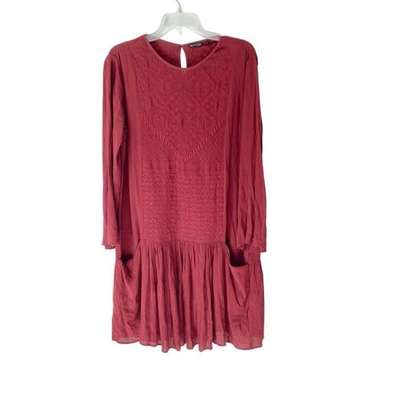 Massimo Dutti Embroidered Maroon Drop Waist Boho Mini Dress size 8 - Picture 1 of 8
